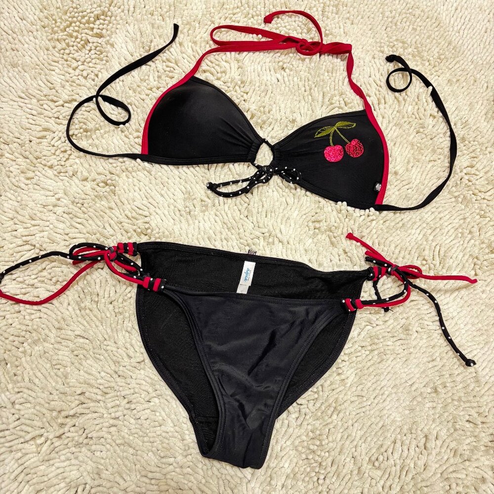 LA VIE EN ROSE Black String Bikini  SEQUIN CHERRIES Red & Polka Dot Trim